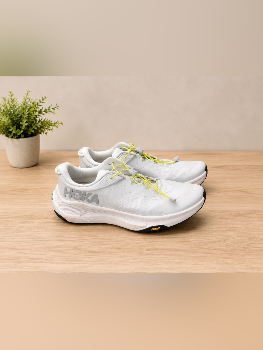 Hoka White Athletic Sneakers with Neon Yellow Laces